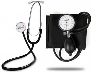 Pulox Manuelles Blutdruckmessgerät im Set mit Tasche plus Flachkopf-Stethoskop (Aneroid Sphygmomanometer)